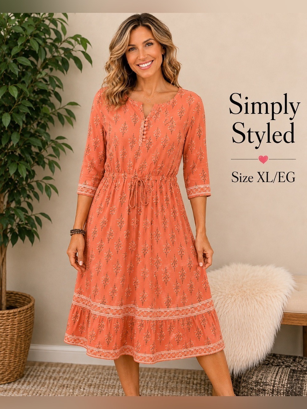 Simply Styled by Sears orangey coral floral Boho Dress Size XL